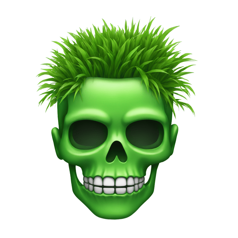 A green skull with grass for a hairstyle