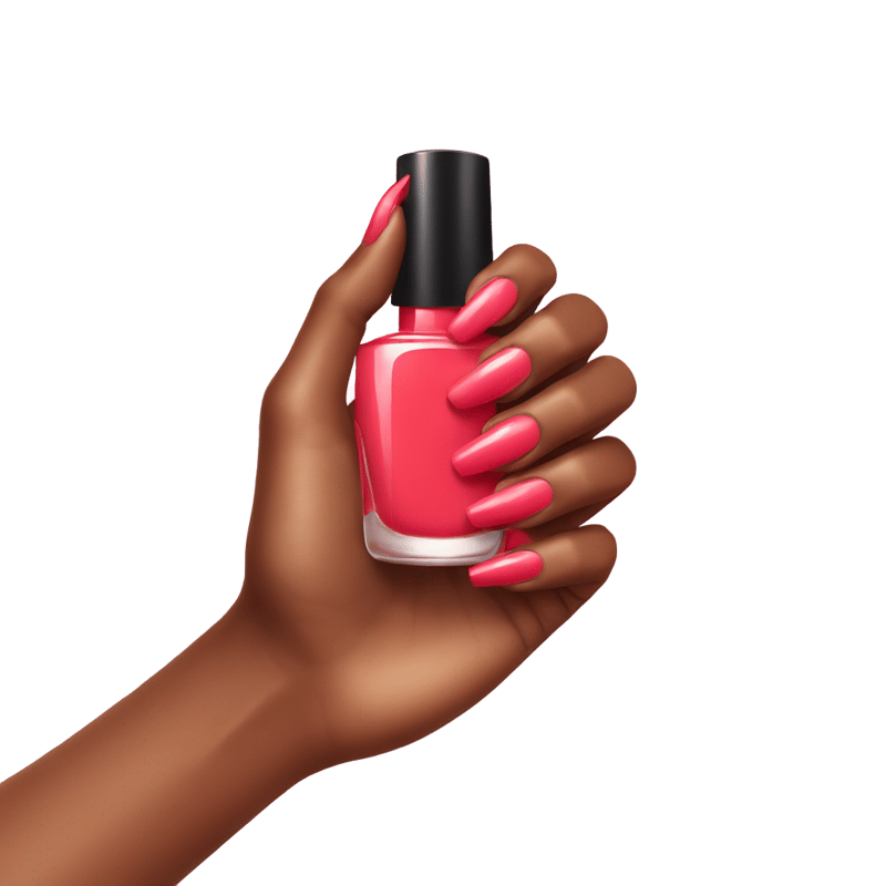 A hand with light red nails holding a bottle of nail polish in the same color