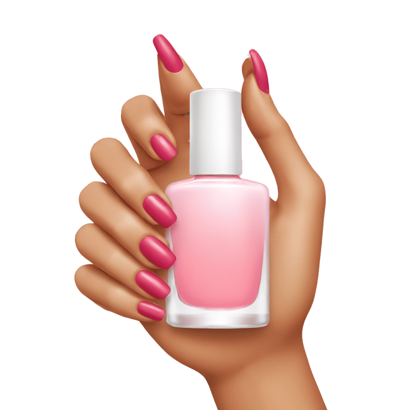 A hand with light red nails holding a bottle of nail polish in the same color