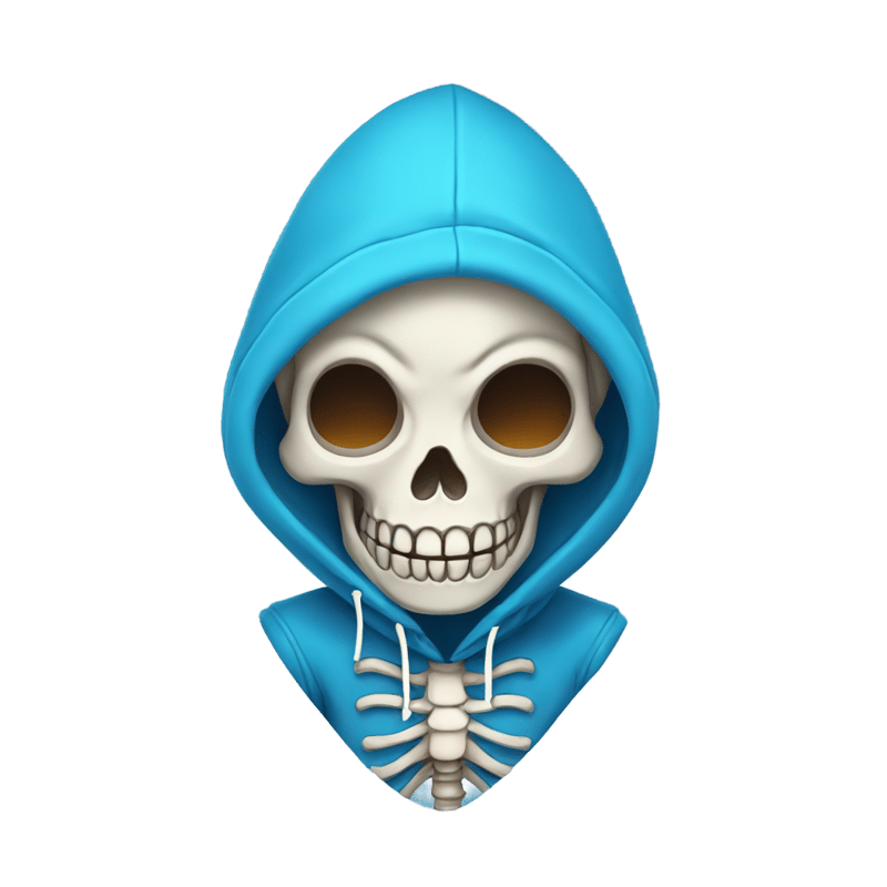 a happy skeleton head in a blue hoodie