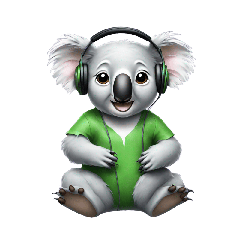 a koala with headphones on, listening to music