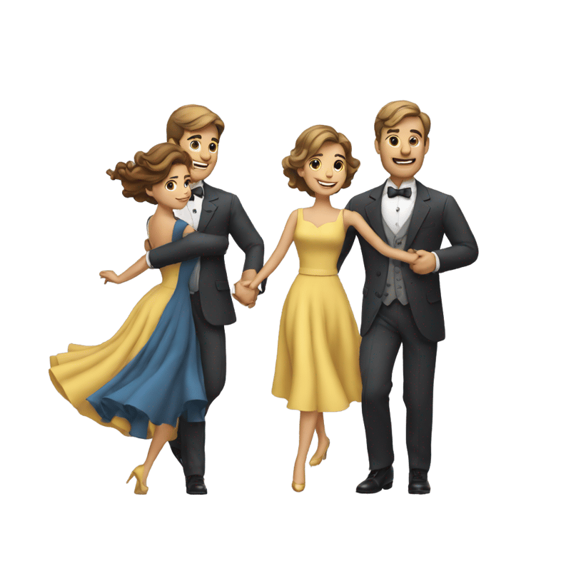 A man and a woman waltz, a man in a suit and a woman in a skirt