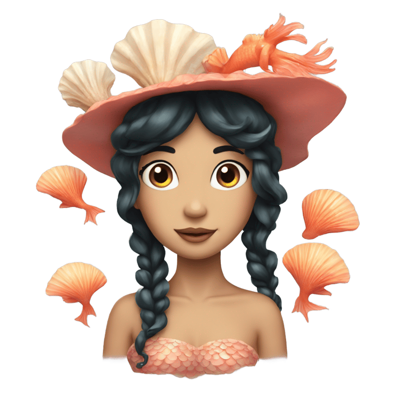 A mermaid with black hair and wearing a hat made of shells and coral