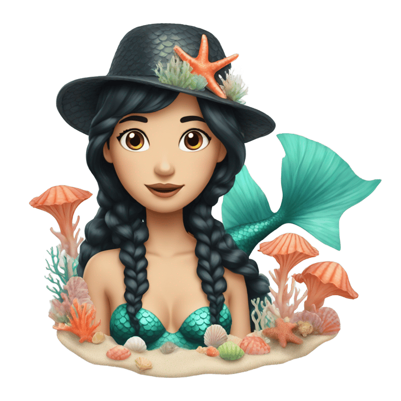 A mermaid with black hair and wearing a hat made of shells and coral