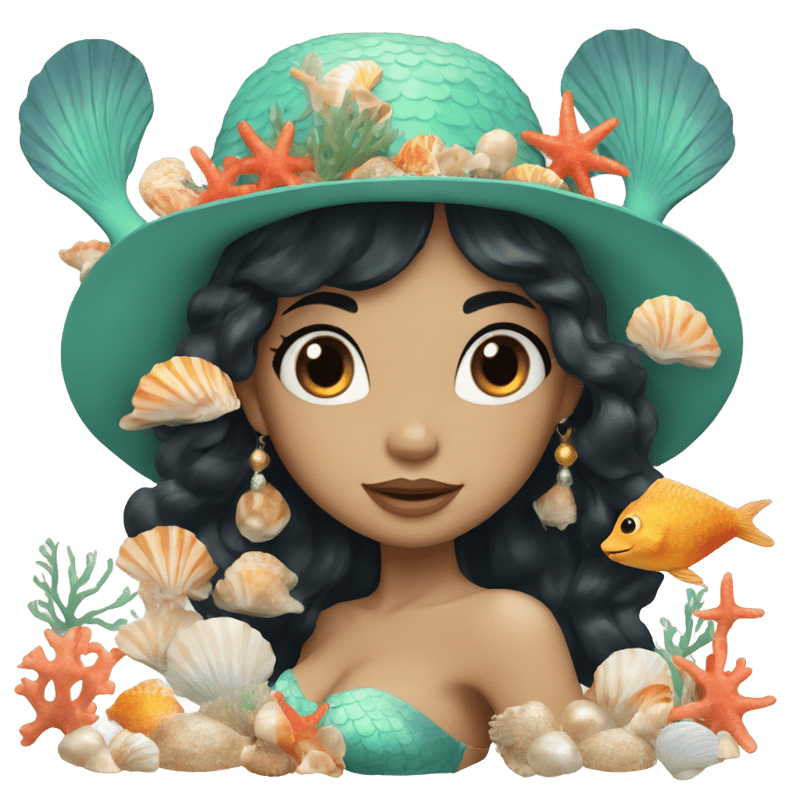 A mermaid with black hair and wearing a hat made of shells and coral