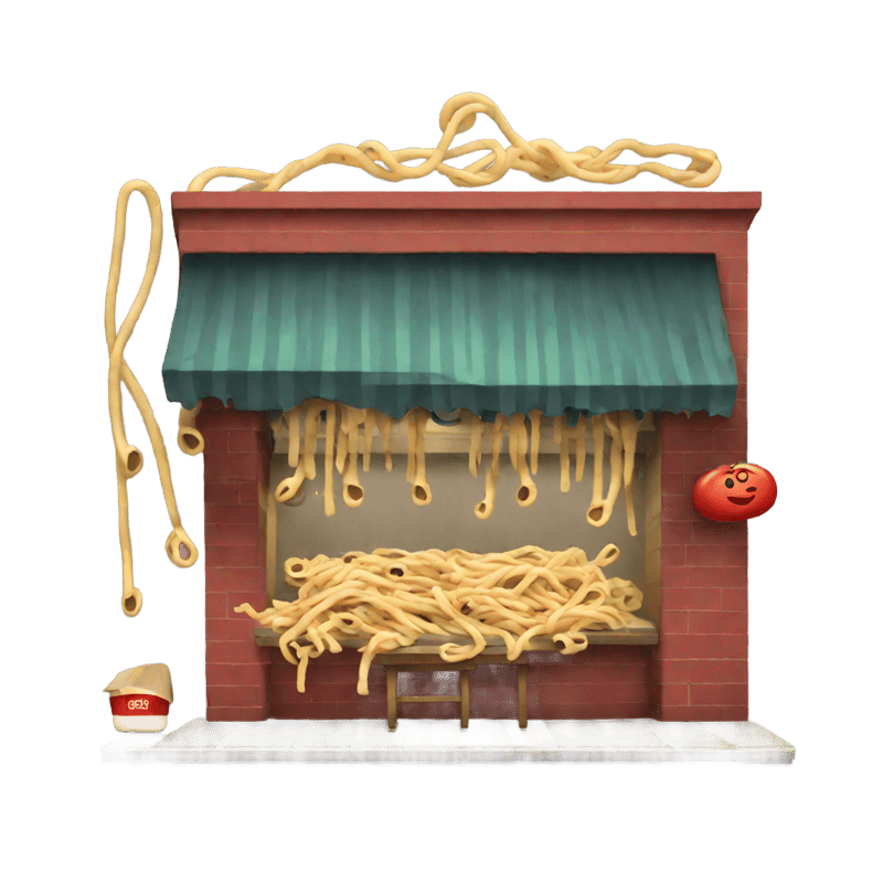 A noodle shop with a piano falling on it