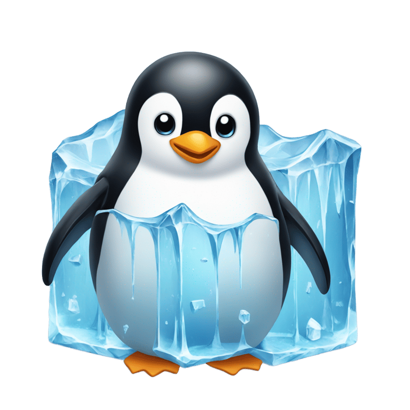 a penguin frozen in half a block of ice