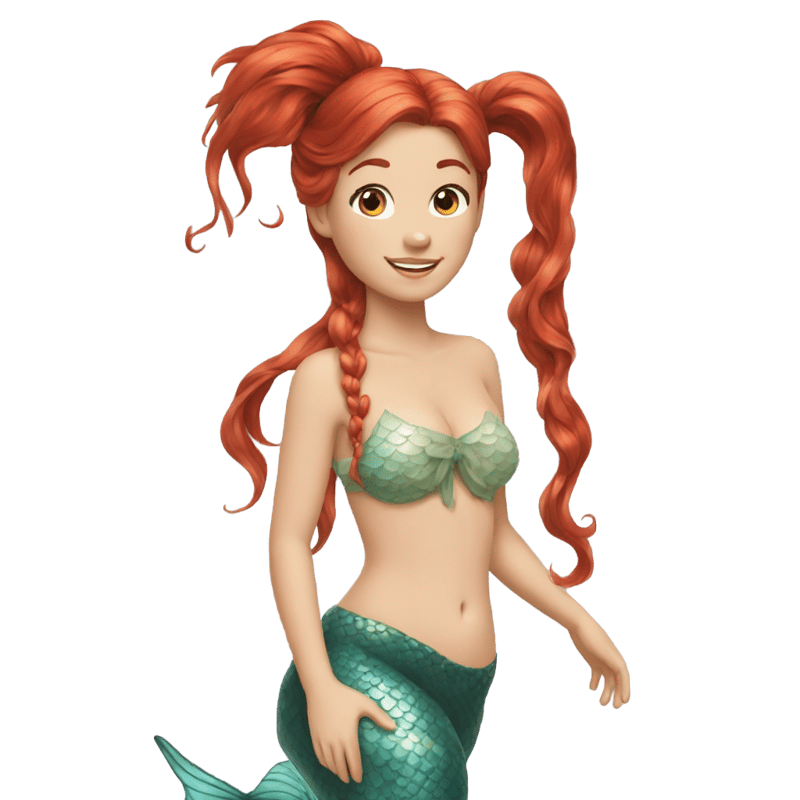 A red-haired mermaid has her hair in a ponytail