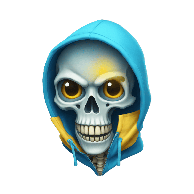 A skeleton head in a blue hoodie with his left eye being blue and right eye being yellow