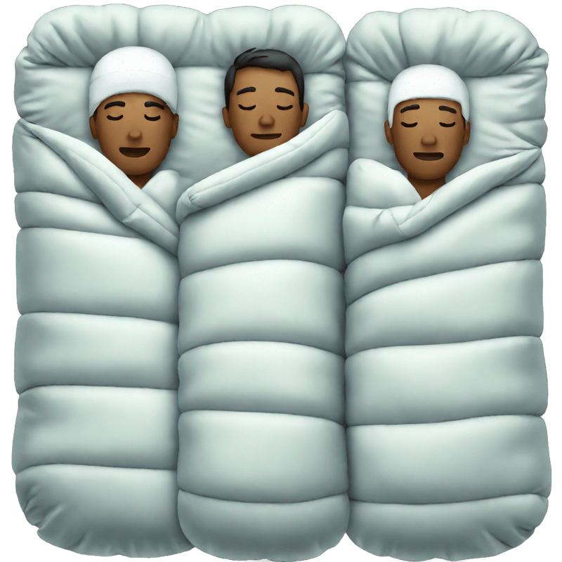 A sleeping bag with white spots and two men and two men