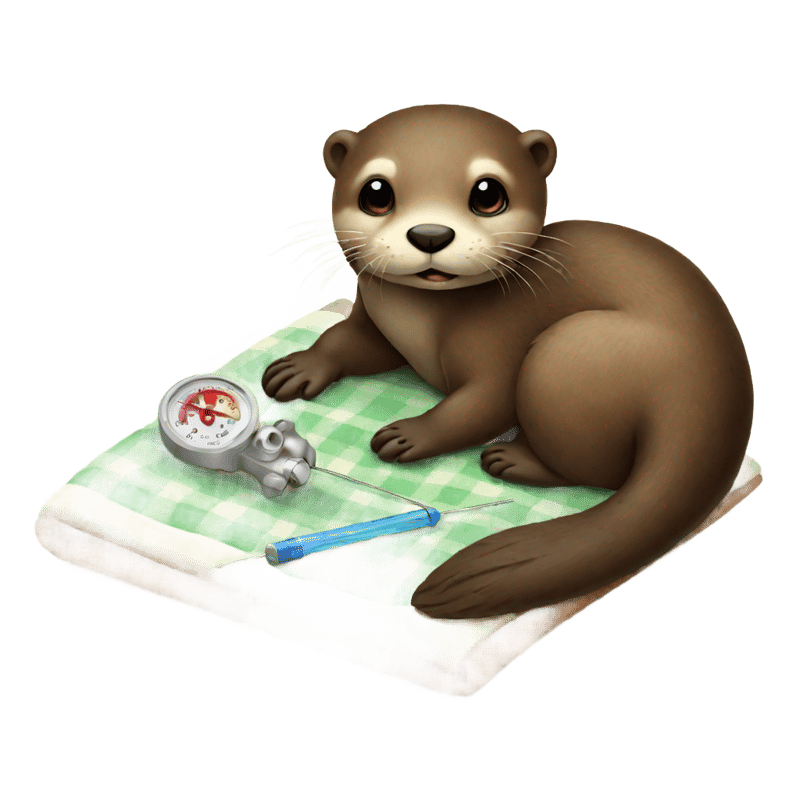 A small otter lying on a blanket, with a a thermometer placed near its snout with a a thermometer .