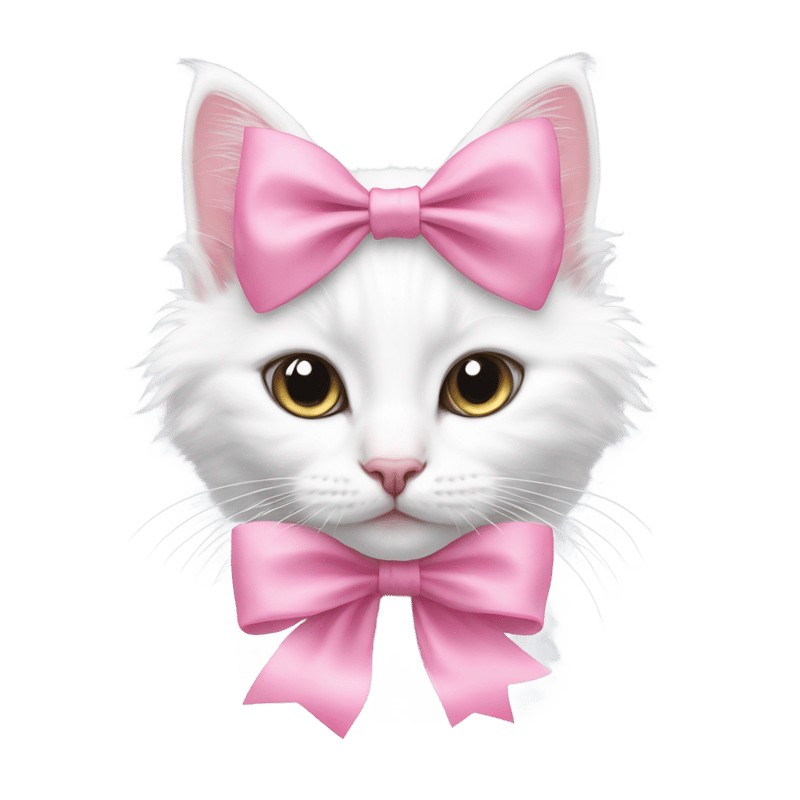 A white Turkish Angora kitten with a pink bow on its head and neck