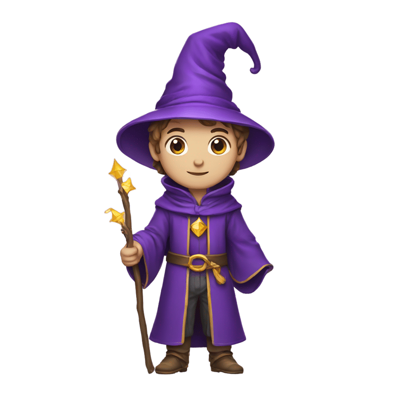 A young wizard in purple clothes and hat