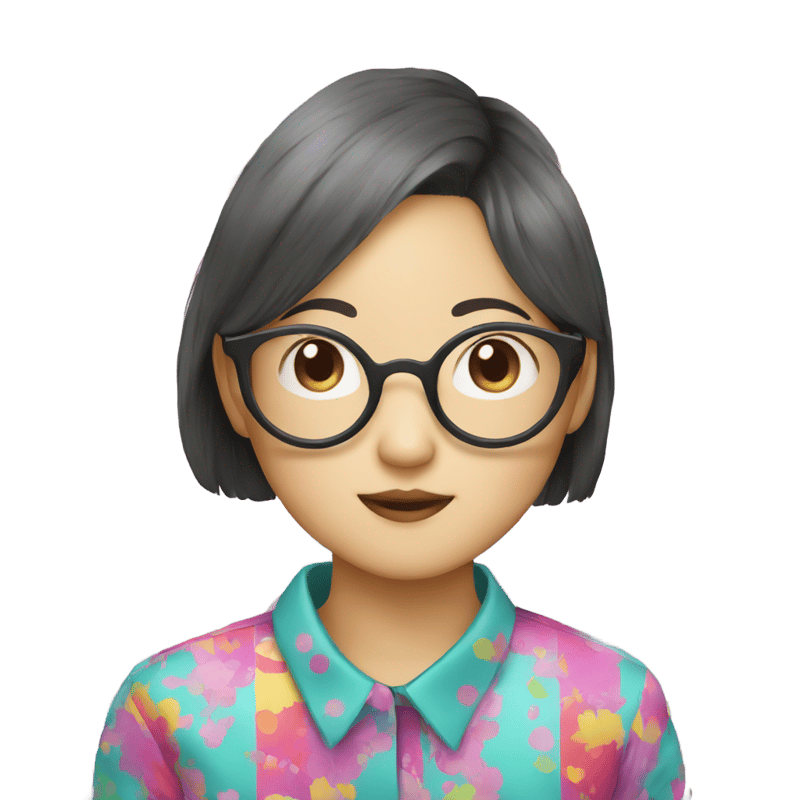 Asian girl with pixie hair glasses and colourful shirt