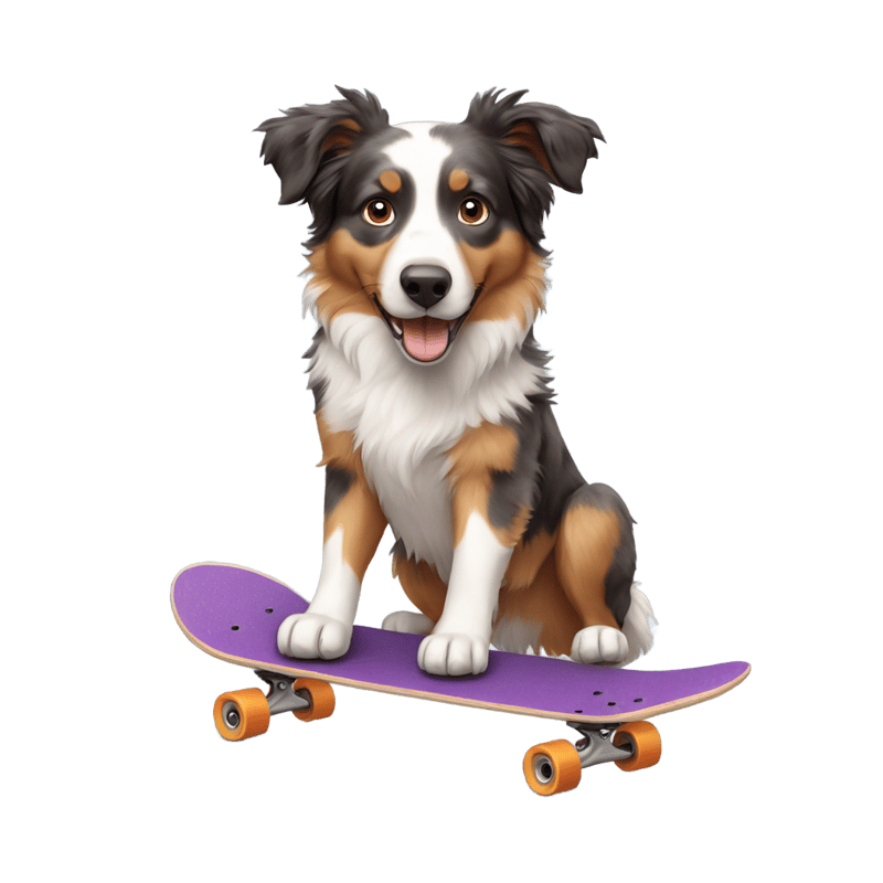 Australian shepherd dog on a skateboard