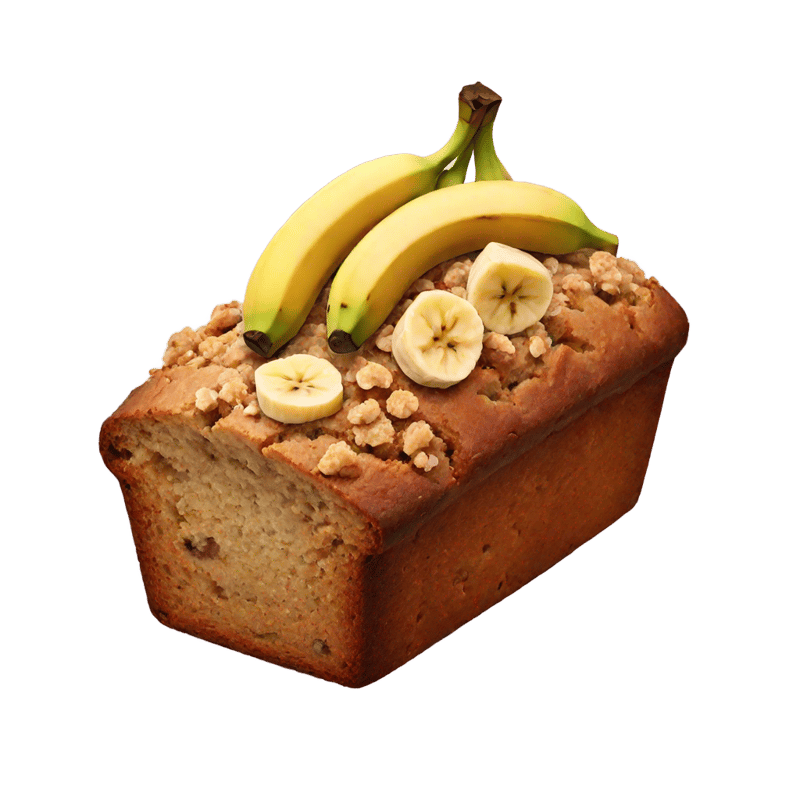 banana bread with banana slices on top, alongside crumble