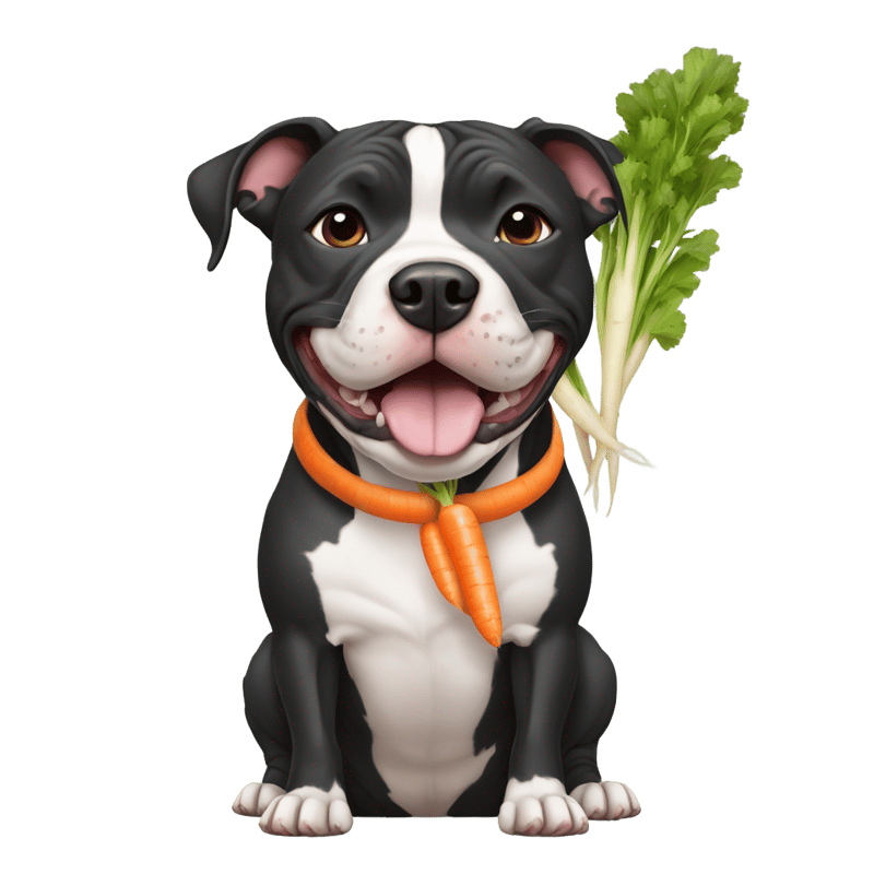 Black American pit bull terrier holding a carrot