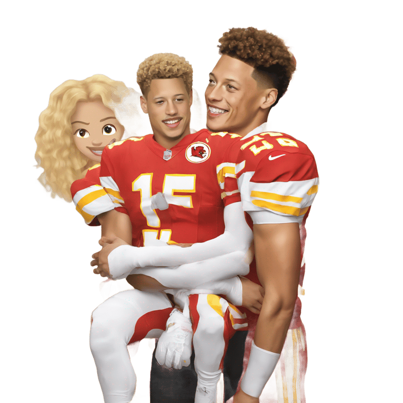 Boy with blonde hair standing next to Patrick mahomes