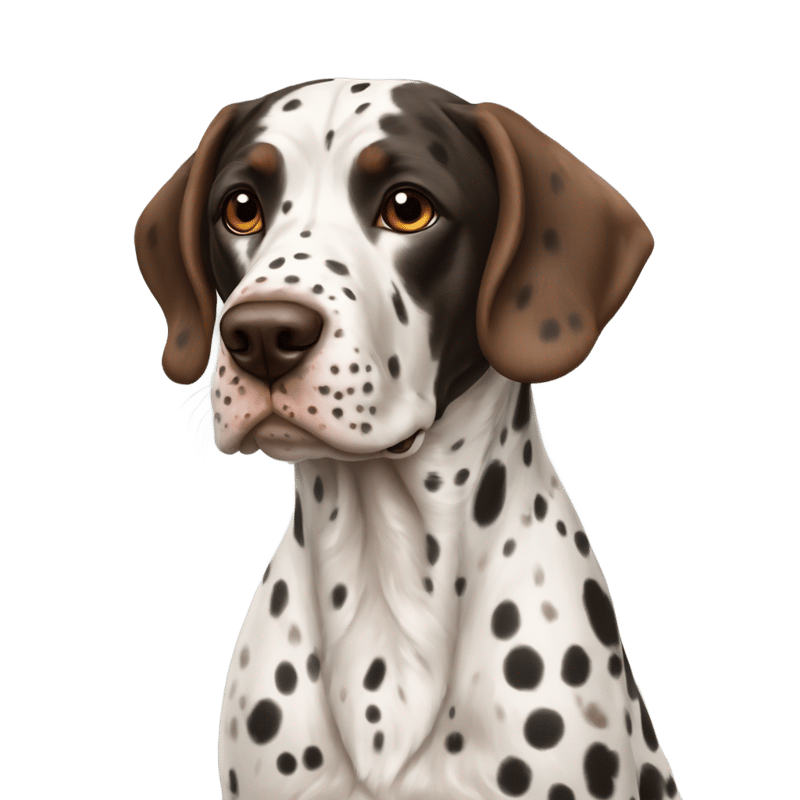 Britney spaniel dog (freckles and red spots) with German shorthair dog (black spots, black head, roan white/black body)