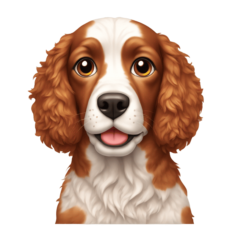 Britney spaniel with some freckles on face and big red spots on white fur, red ears