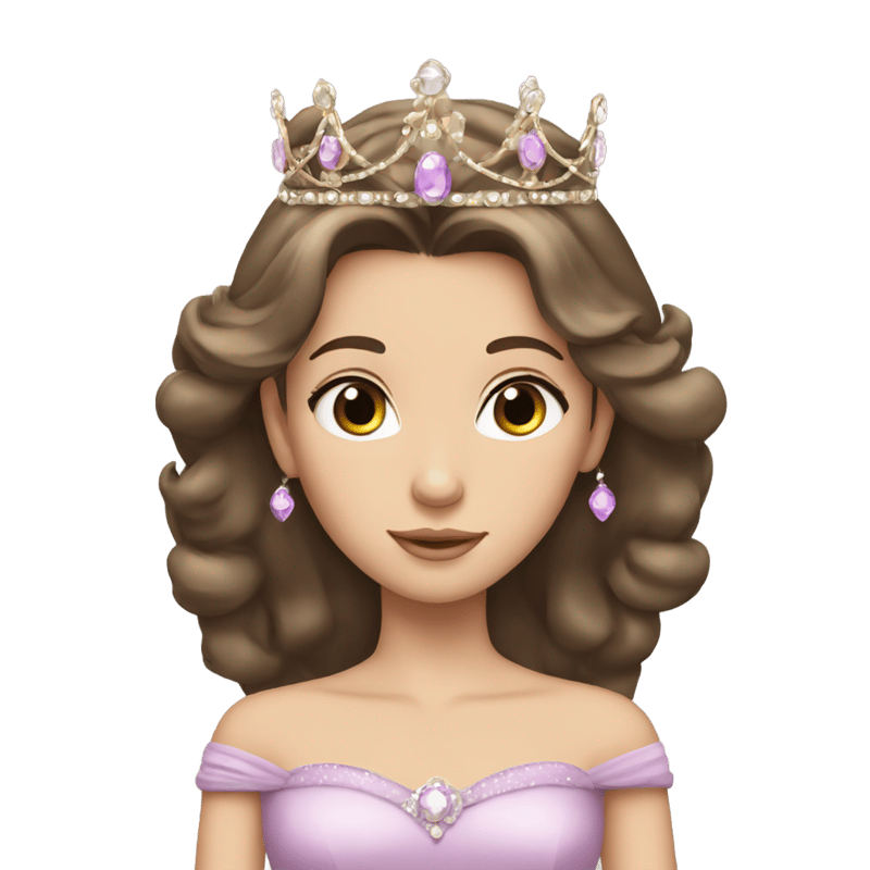 Brunette princess with straight hair and big brown eyes, fair skin, wearing a tiara