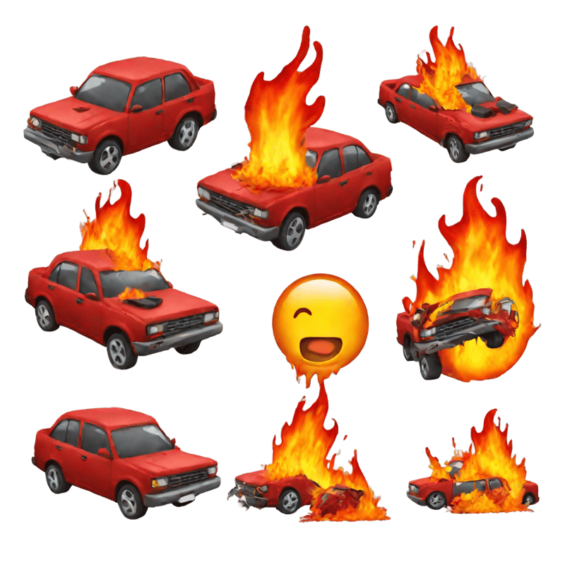 Brutal car crash emoji, dead emojis, blood, fire, isolated background