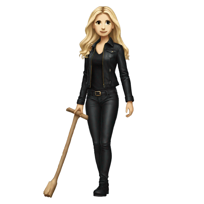 Buffy Summers, red leather pants, black jacket, long blonde hair, holding wood stake