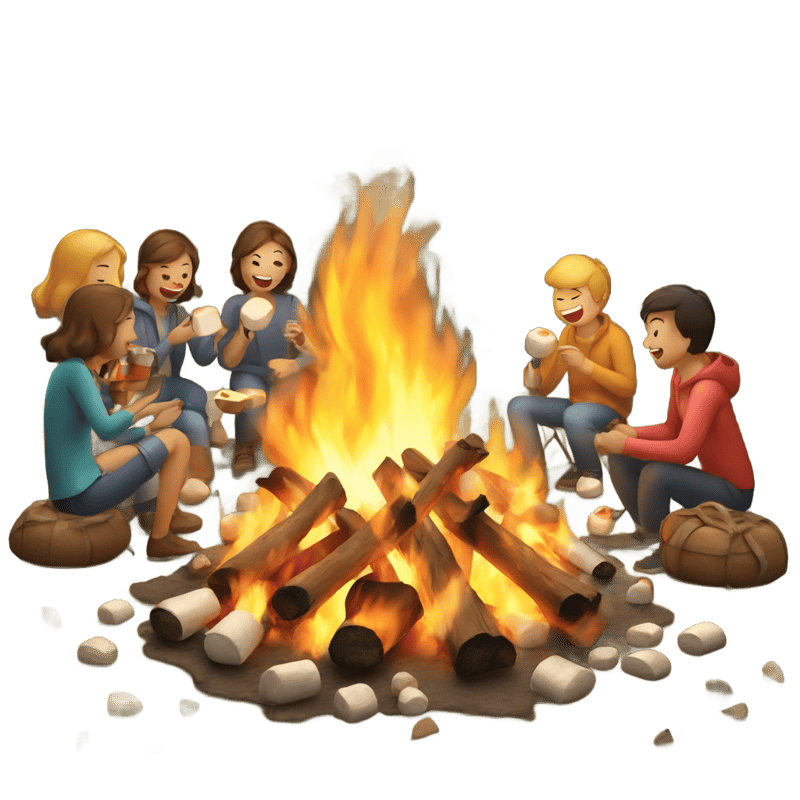 Campfire with people roasting marshmallows around it