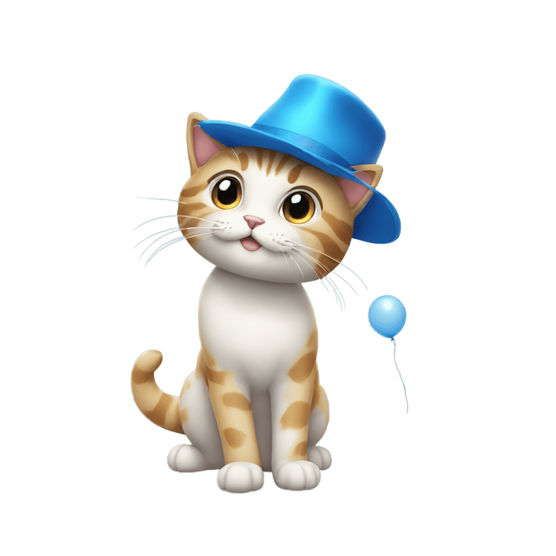 cat with a blue hat and a balloon in its hand