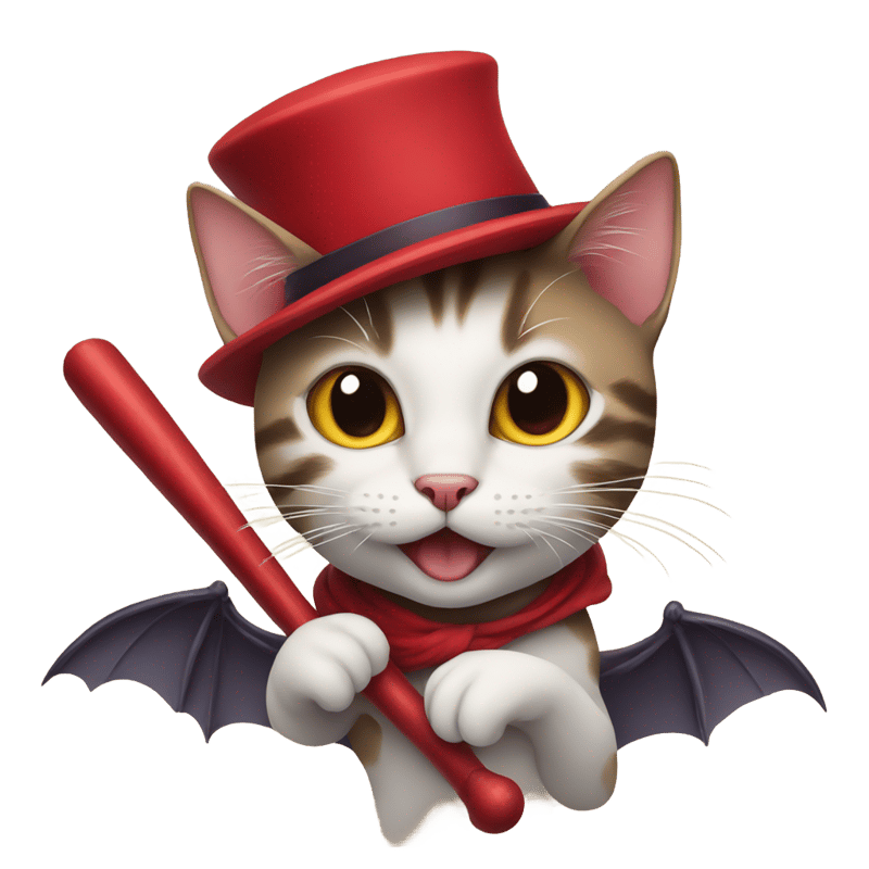 cat with a red hat riding a bat