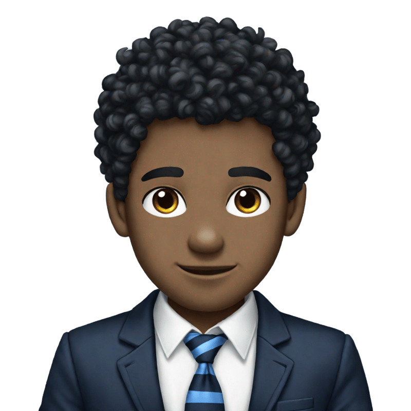 Caucasian blue eyed black haired british teen guy with a blue striped tie white shirt and black blazer with a navy blue "T" on the pocket and fluffy curly hair big ears and bushy eyebrows