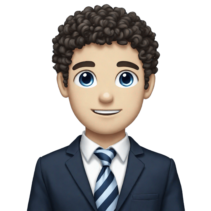 Caucasian white, blue eyed, dark haired, british teen guy, school uniform, blue striped tie, white shirt, black blazer with a navy blue "T" on the pocket, fluffy curly hair, big ears, and bushy eyebrows