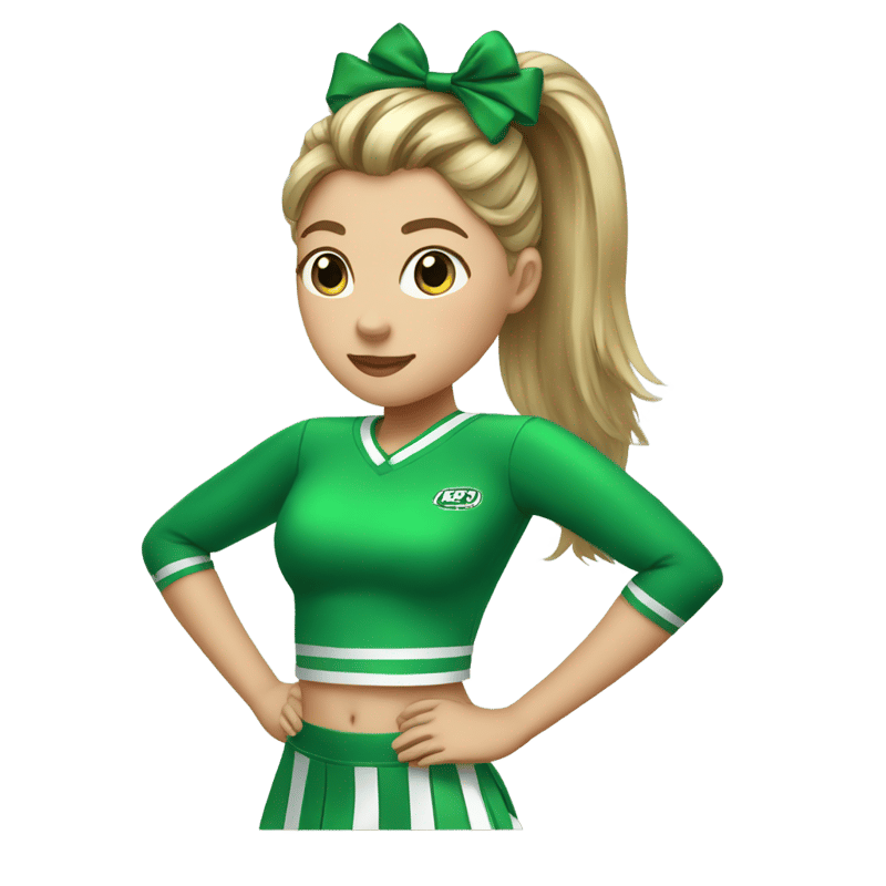 Cheerleader with a high ponytail a green bow and a green uniform