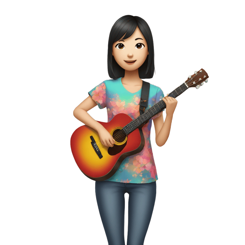 Cute asian girl with short dark hair and a colourful shirt and a guitar