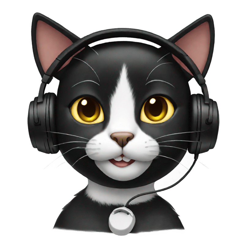 cute unrealistic black cat smiling with headphones on