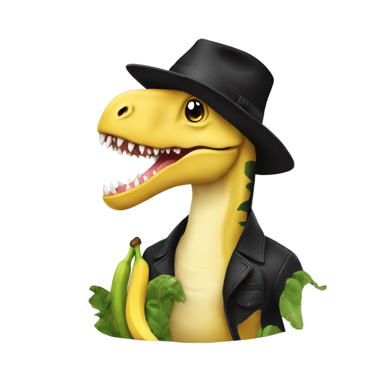 Dinosaur in a black hat with a banana