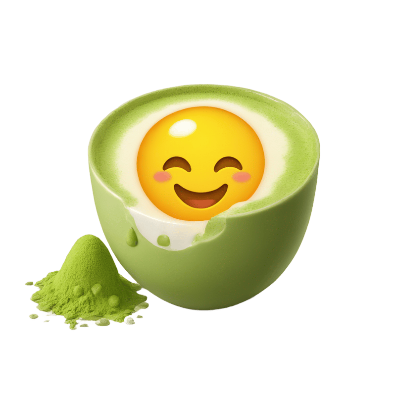 egg smiley face with matcha cup and matcha boba in front of it