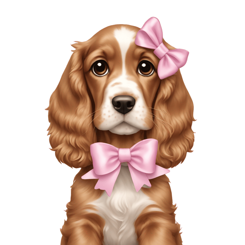 English Cocker Spaniel puppy with a light pink bow on his ear