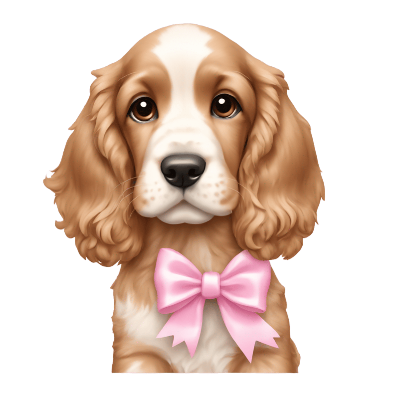 English Cocker Spaniel puppy with a light pink bow on his ear