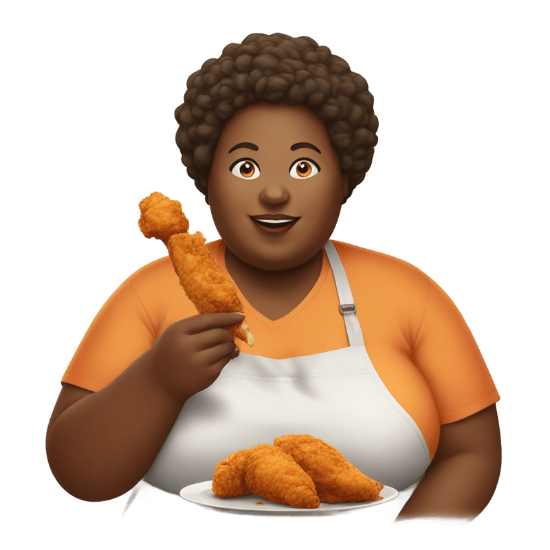 Fat Kenyan woman eating a fried chicken leg