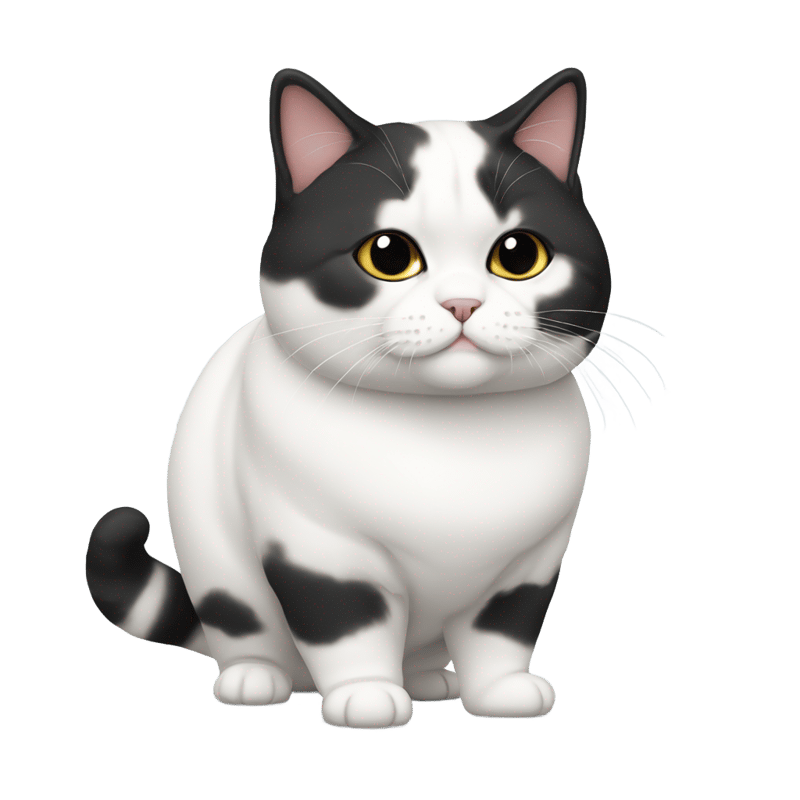 fat munchkin cat with white coat and black colors throughout