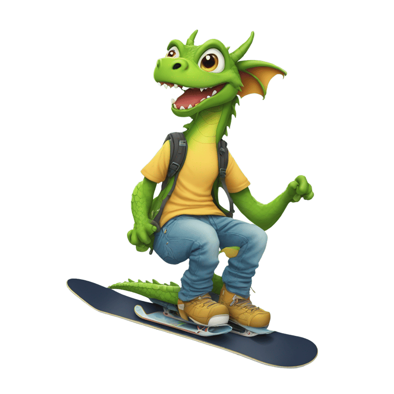 funny dragon in tshirt and baggy jeans on snowboard