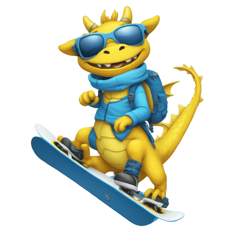 funny dragon in yellow-blue t-shirt and baggy jeans on snowboard