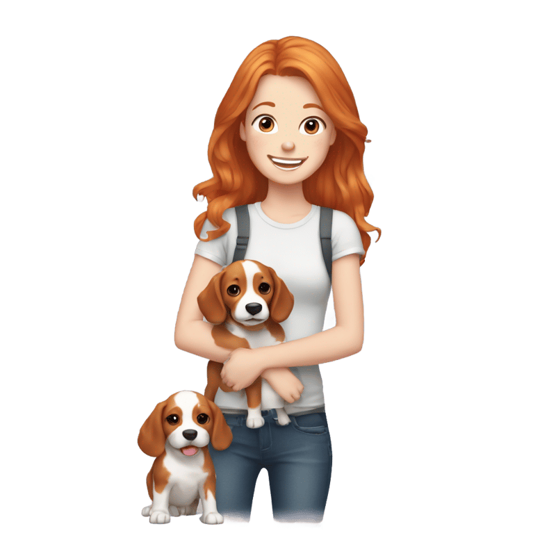 Ginger hair girl smiling with Britney spaniel dog in hands