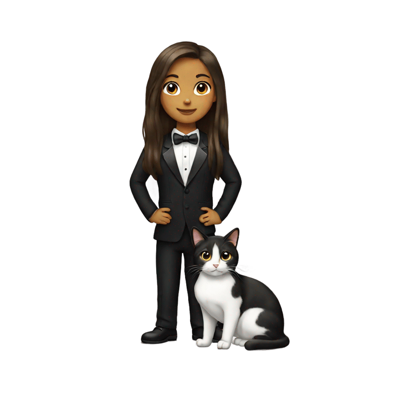 Girl with long brunette hair and a tuxedo cat