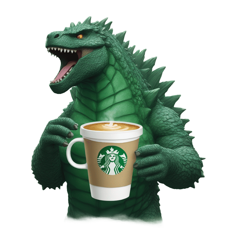 Godzilla drinking a cup of Starbucks coffee