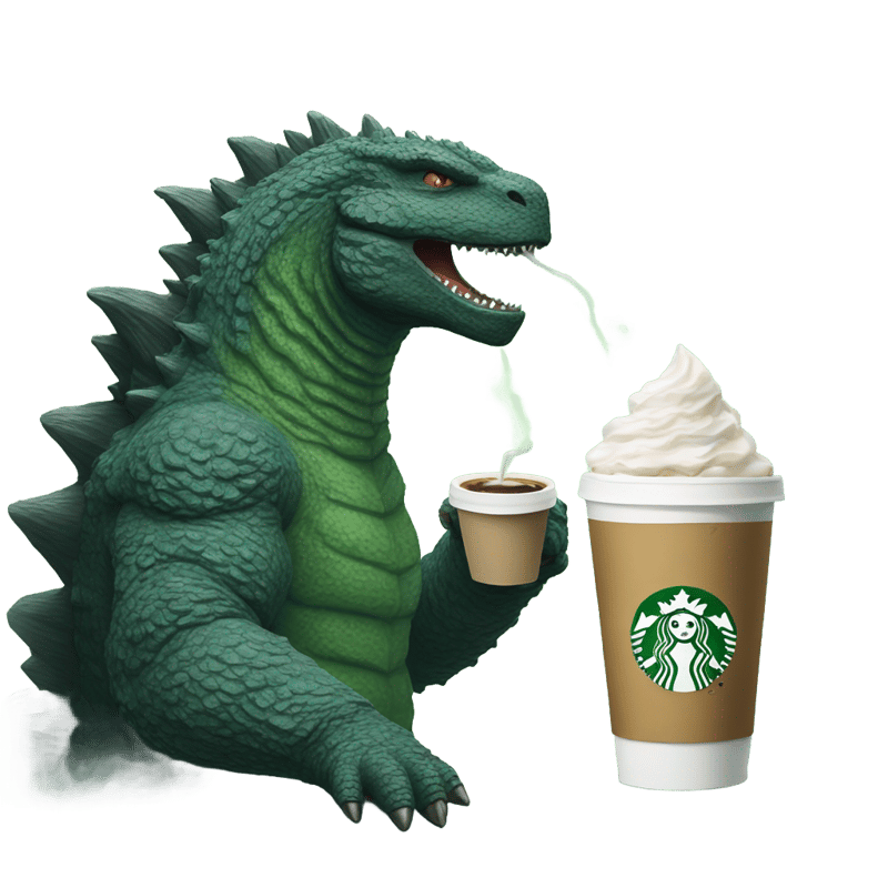 Godzilla drinking a Starbucks coffee