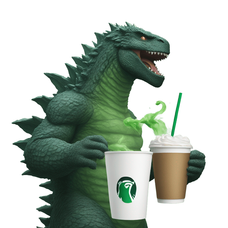 Godzilla drinking a Starbucks coffee