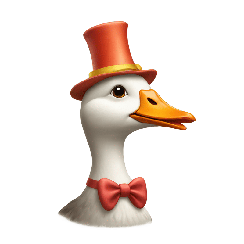 Goose with clown hat, wig and nose with a silly facial expression