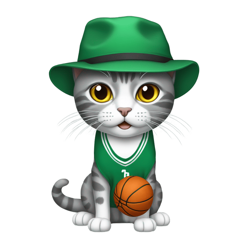 Gray shorthair cat with celtics basketball hat